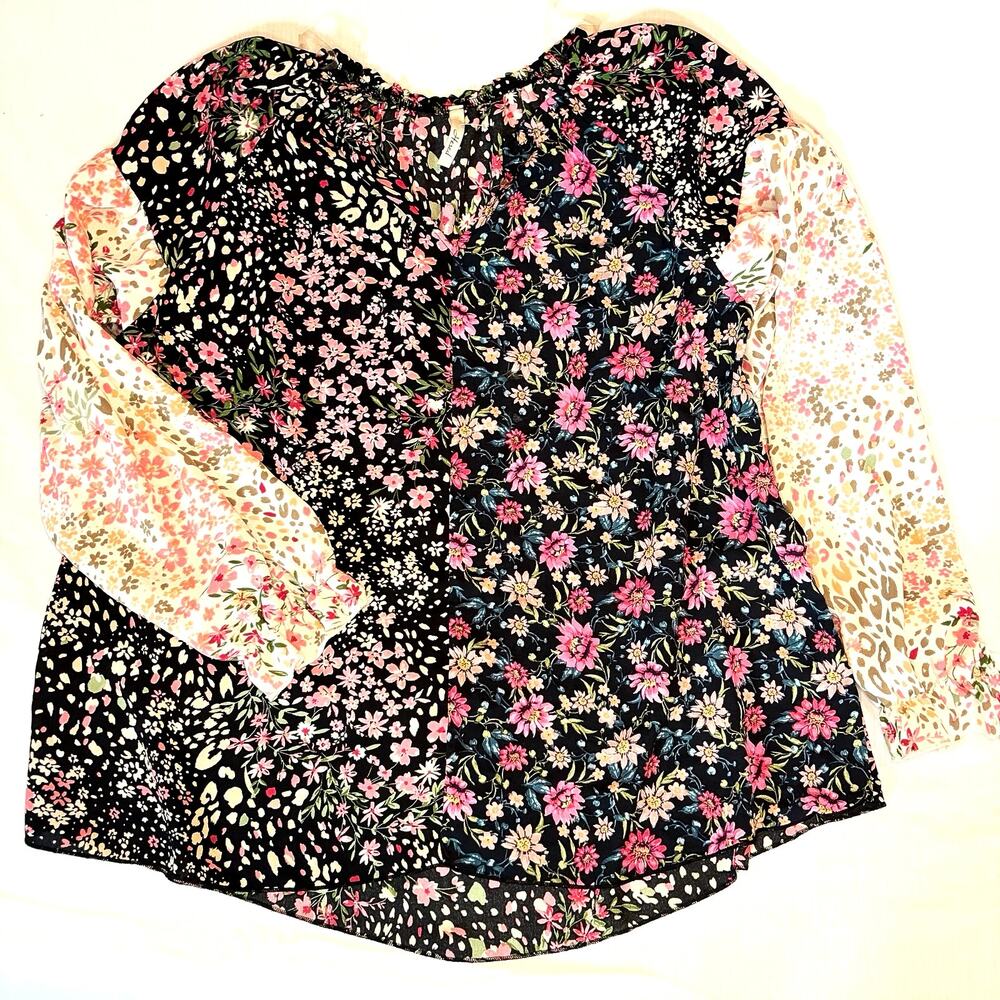 Hesed Women’s 1X Floral Leopard Mixed Print Blouse Long Sleeve Made in USA